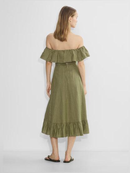 Gold midi formal dress with off-the-shoulder neckline, alternate view showing the waist