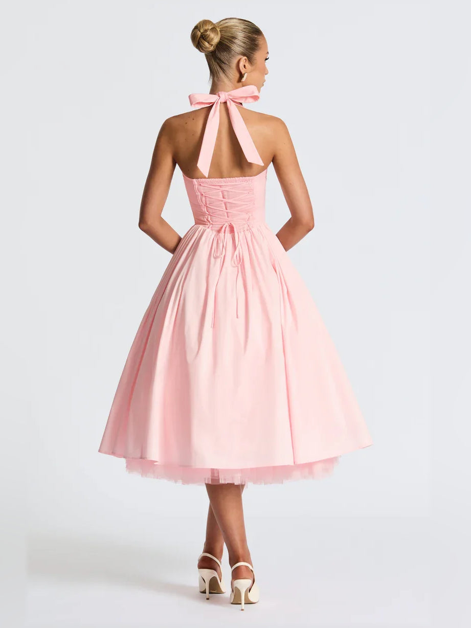 Black a-line midi formal dress with halter neckline, alternate view showing the waist