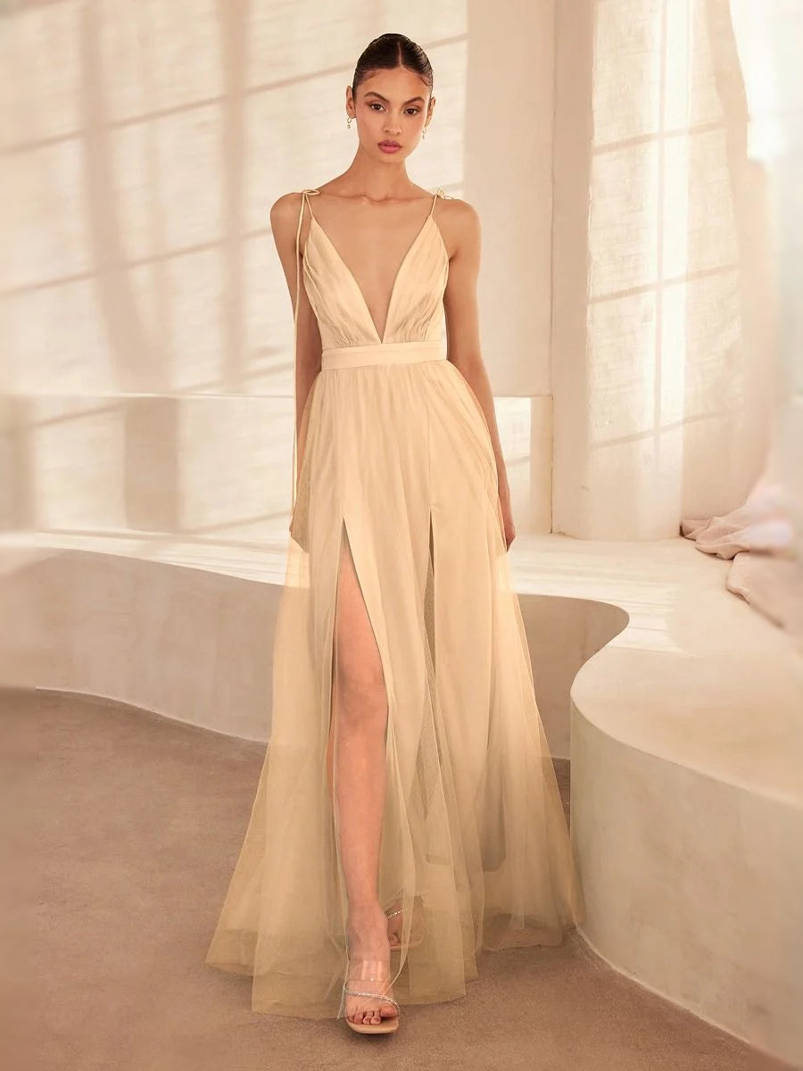 Champagne maxi prom dress, alternate view showing the overall dress design