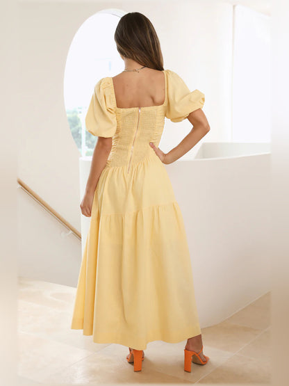 Yellow midi formal dress, alternate view showing the waist