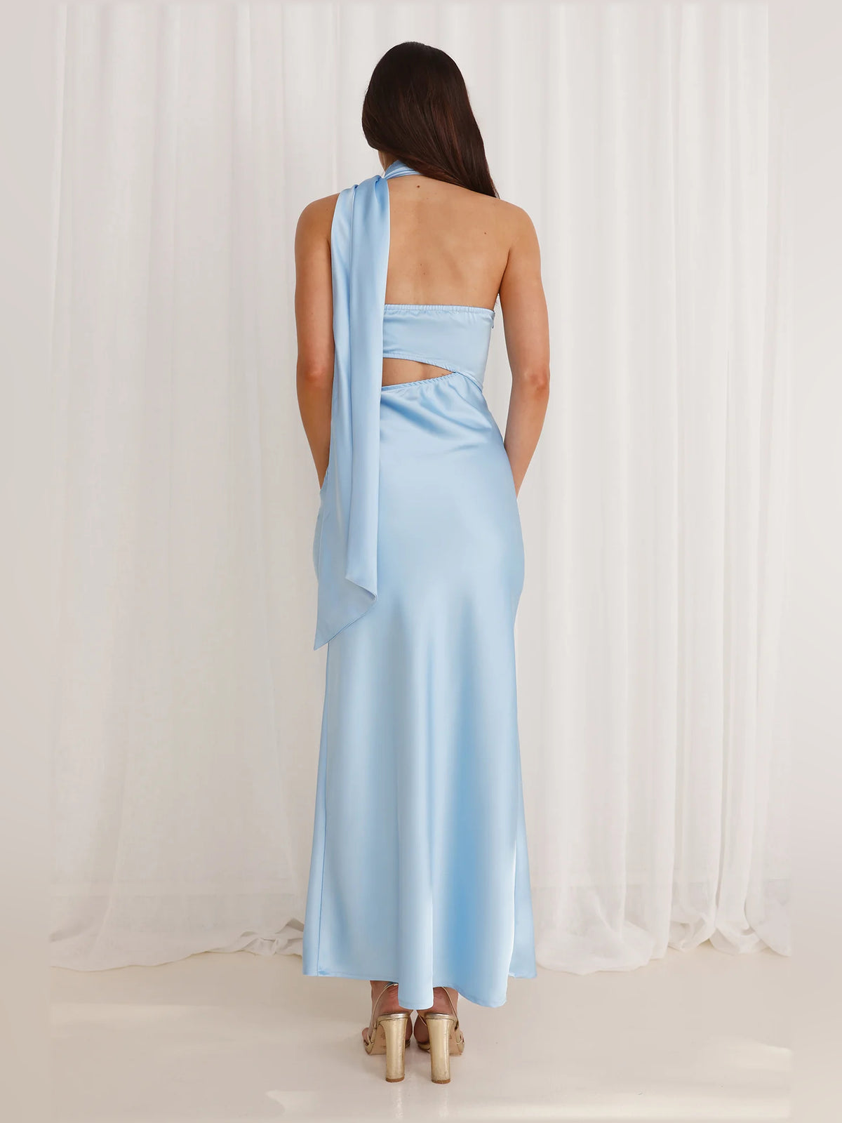 Blue midi formal dress, alternate view showing the waist