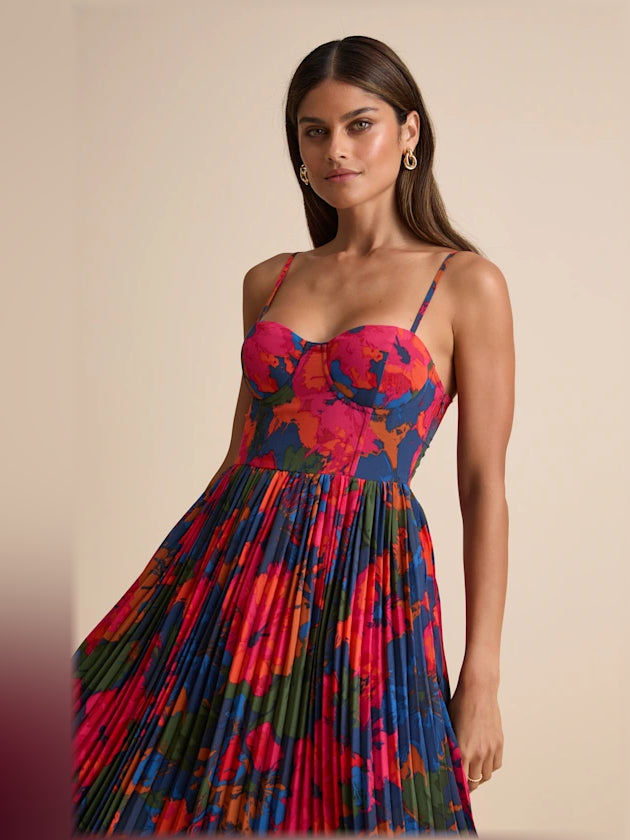 Dark Blue Floral midi formal dress with pleated skirt, alternate view showing the waist