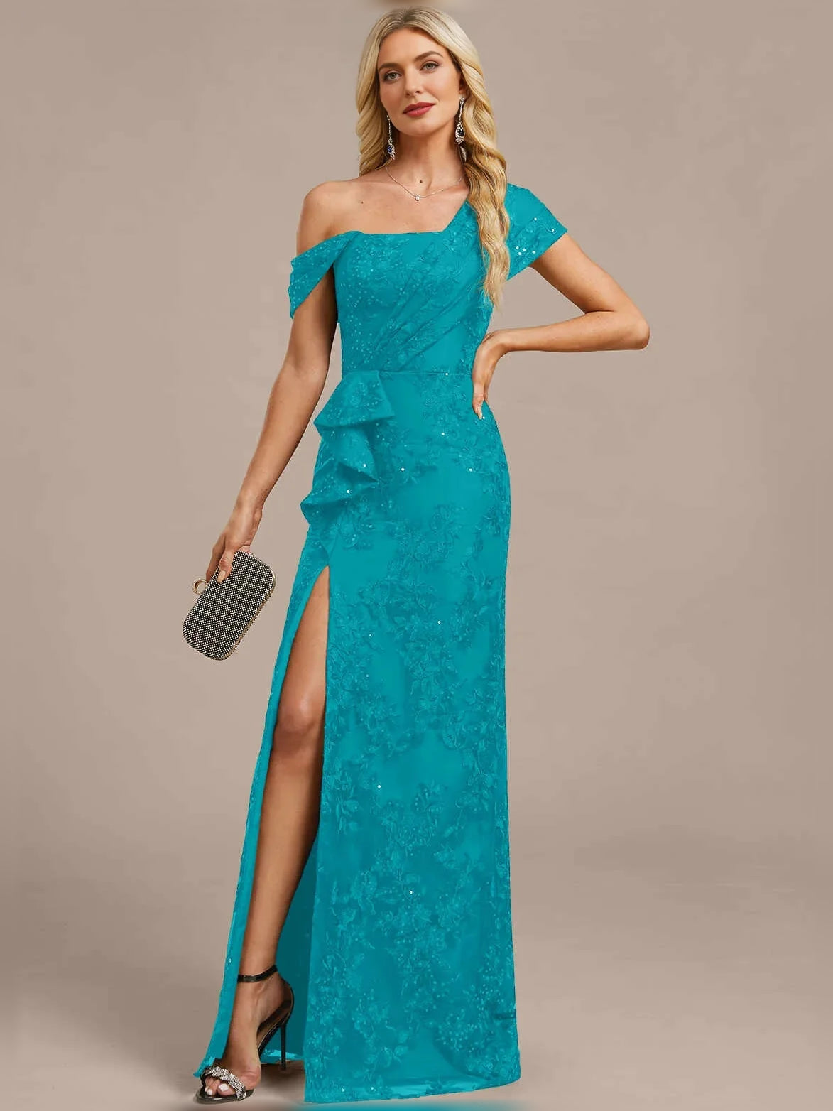 Jungle Green floor-length mother of the bride dress, alternate view showing the overall dress design