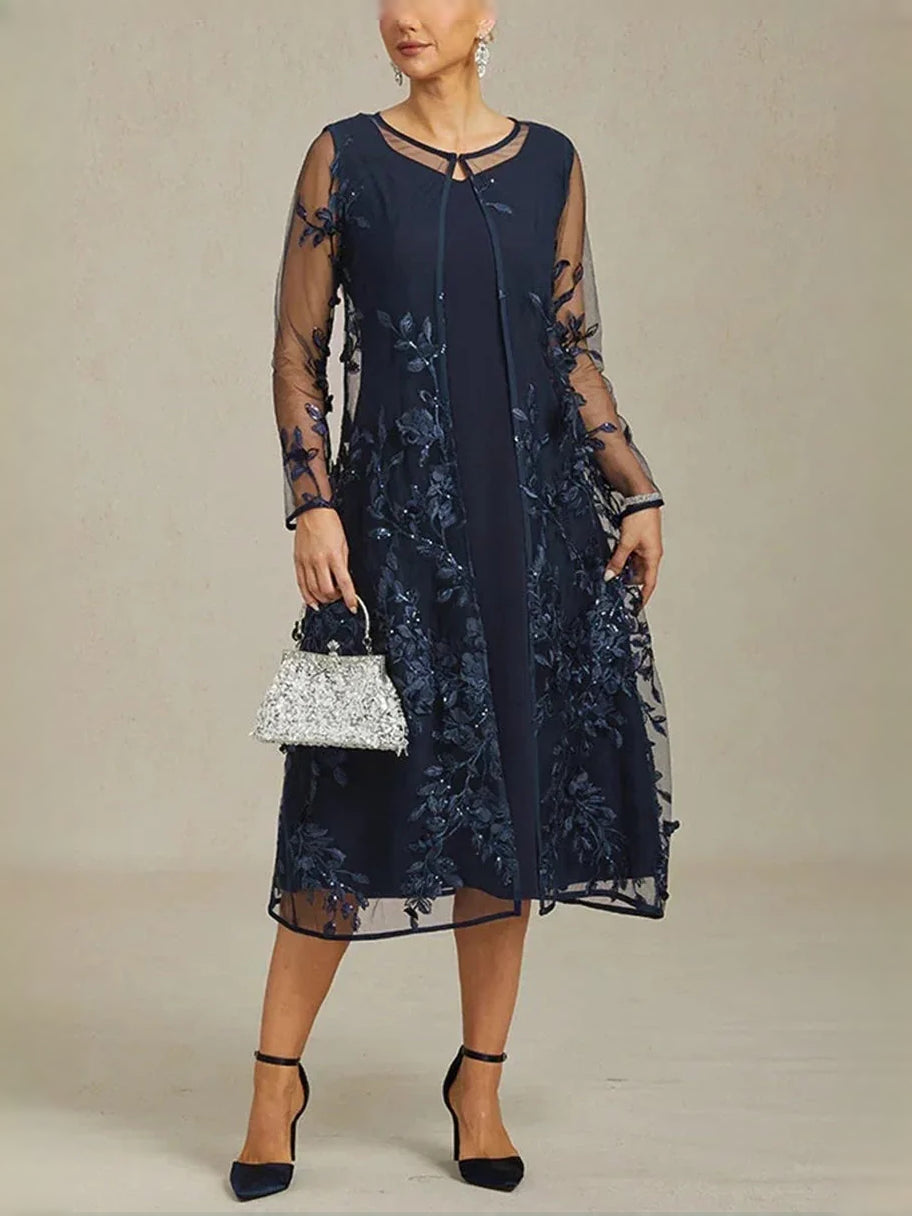 Dark Blue knee-length mother of the bride dress, alternate view showing the overall dress design