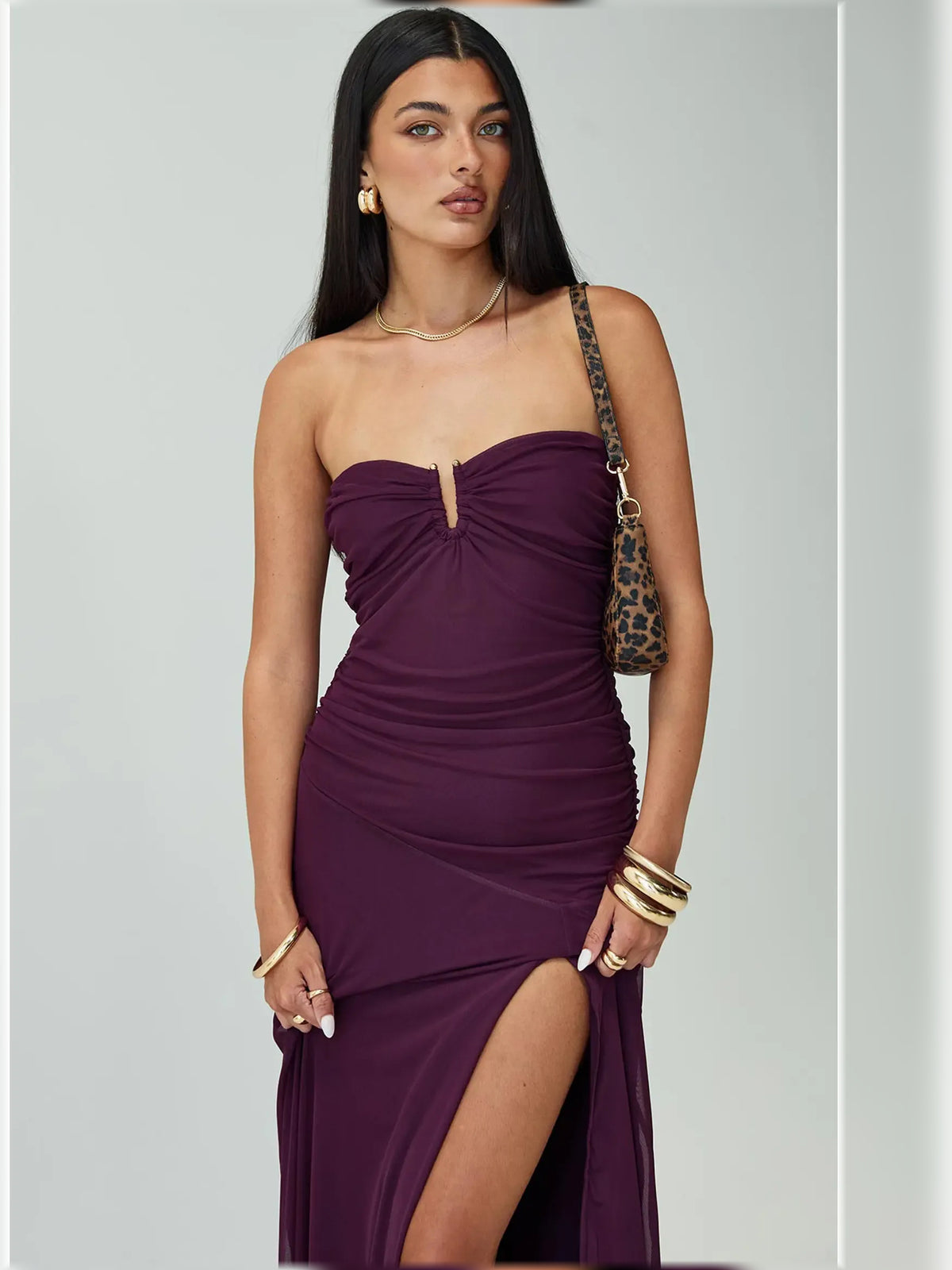 Purple bodycon floor-length formal dress with ruching, alternate view