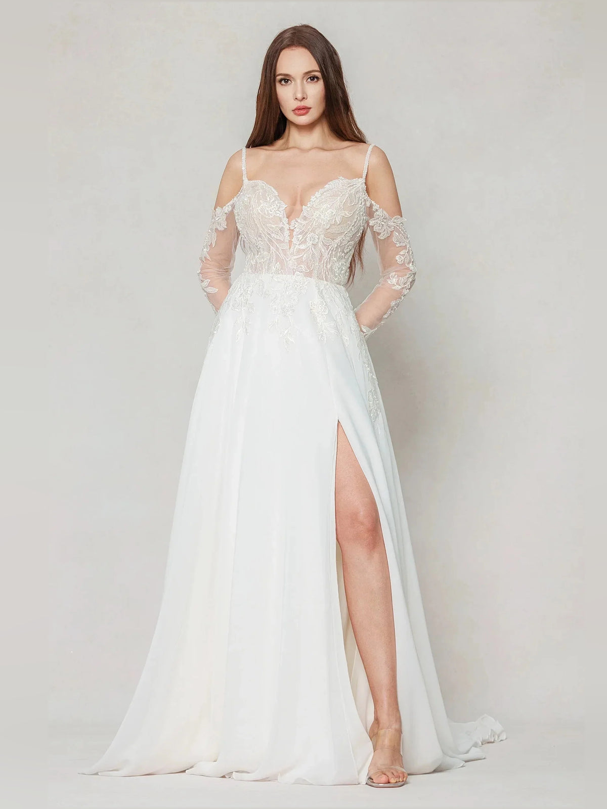 Ivory floor-length wedding dress, alternate view showing the overall dress design