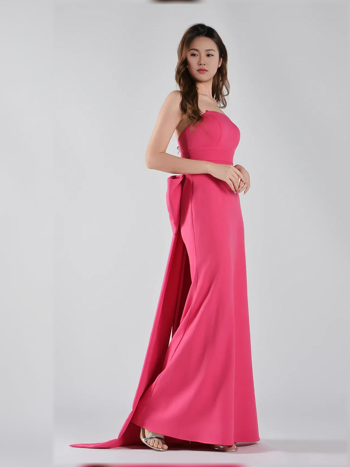 Hot Pink mermaid floor-length formal dress with bow detail, alternate view showing the waist