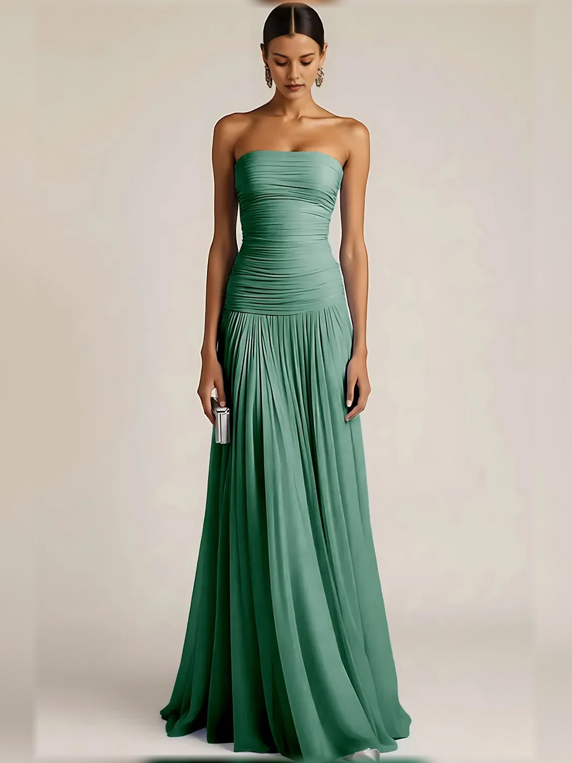 Light Blue a-line floor-length formal dress with ruching, alternate view showing the waist