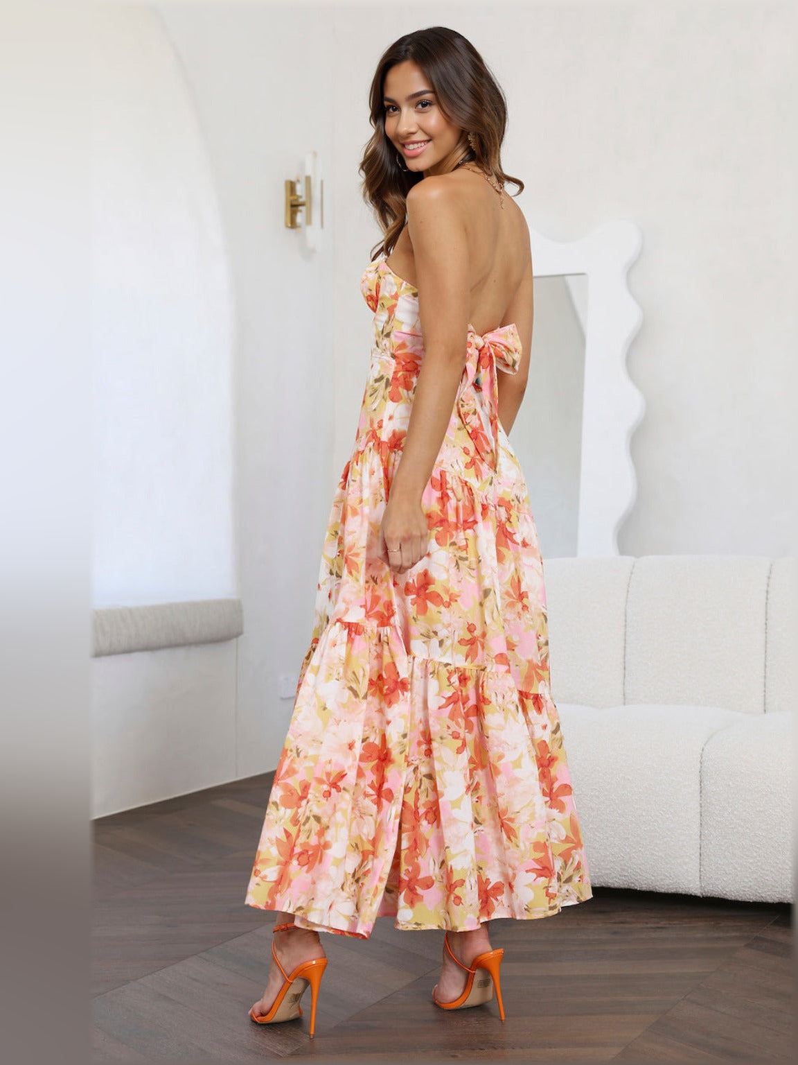 Floral midi formal dress with floral print, alternate view showing the waist