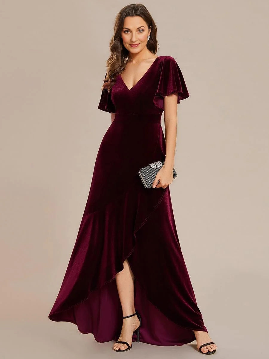 Burgundy high-low mother of the bride dress, alternate view showing the overall dress design