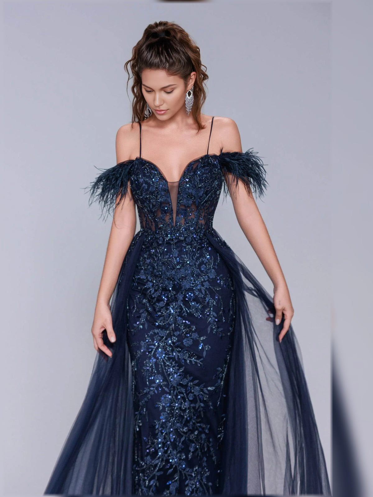 Navy Blue mermaid floor-length formal dress with corset-style bodice, alternate view showing the waist