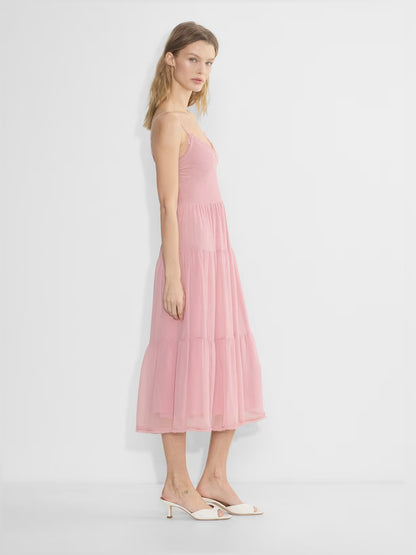 pink midi formal dress with tiered skirt, alternate view showing the waist