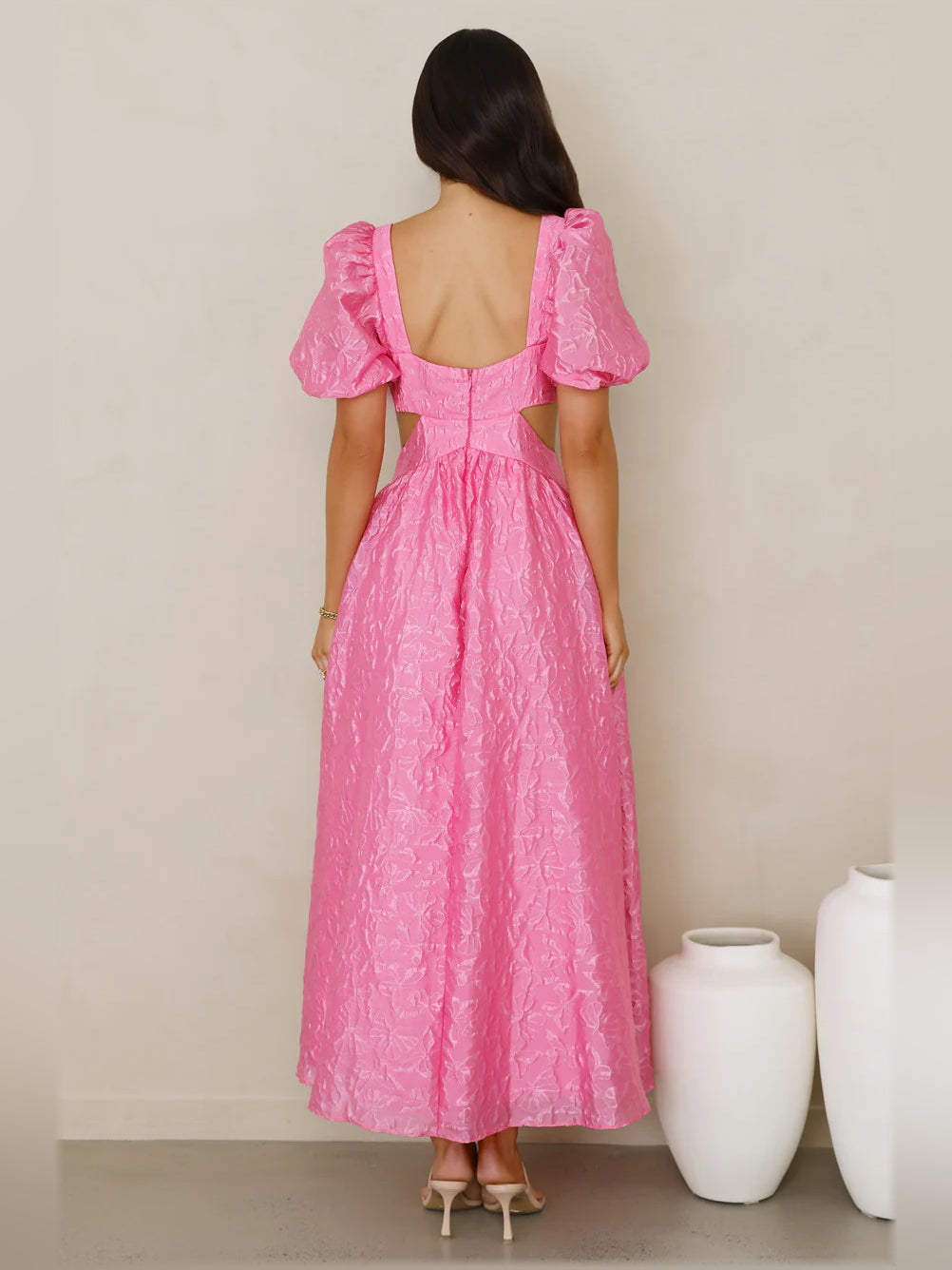 Fuchsia midi formal dress, alternate view showing the waist