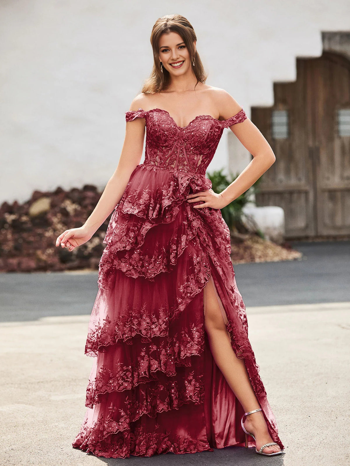 Burgundy floor-length prom dress, alternate view showing the overall dress design
