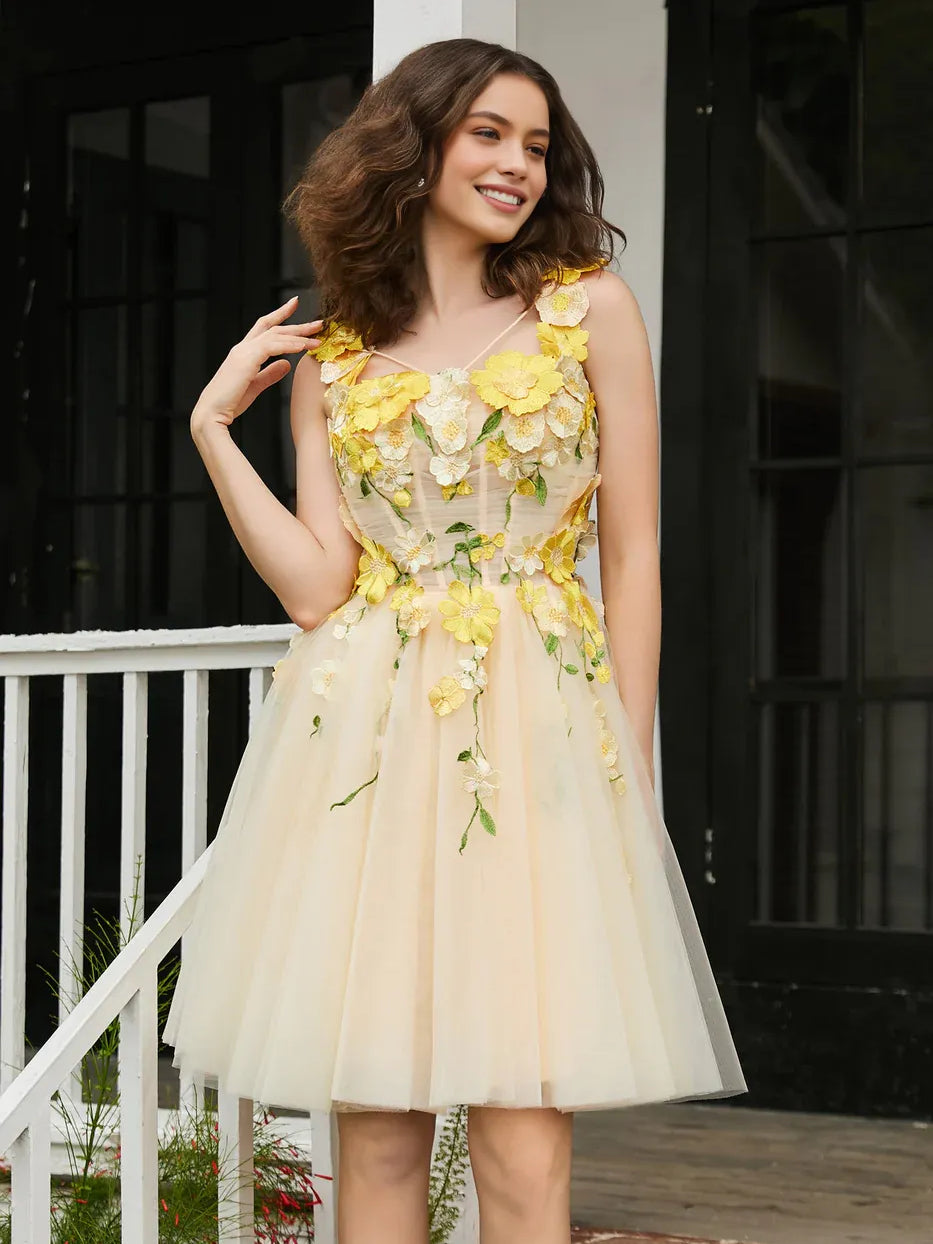 Pale Lemon mini homecoming dress, alternate view showing the overall dress design
