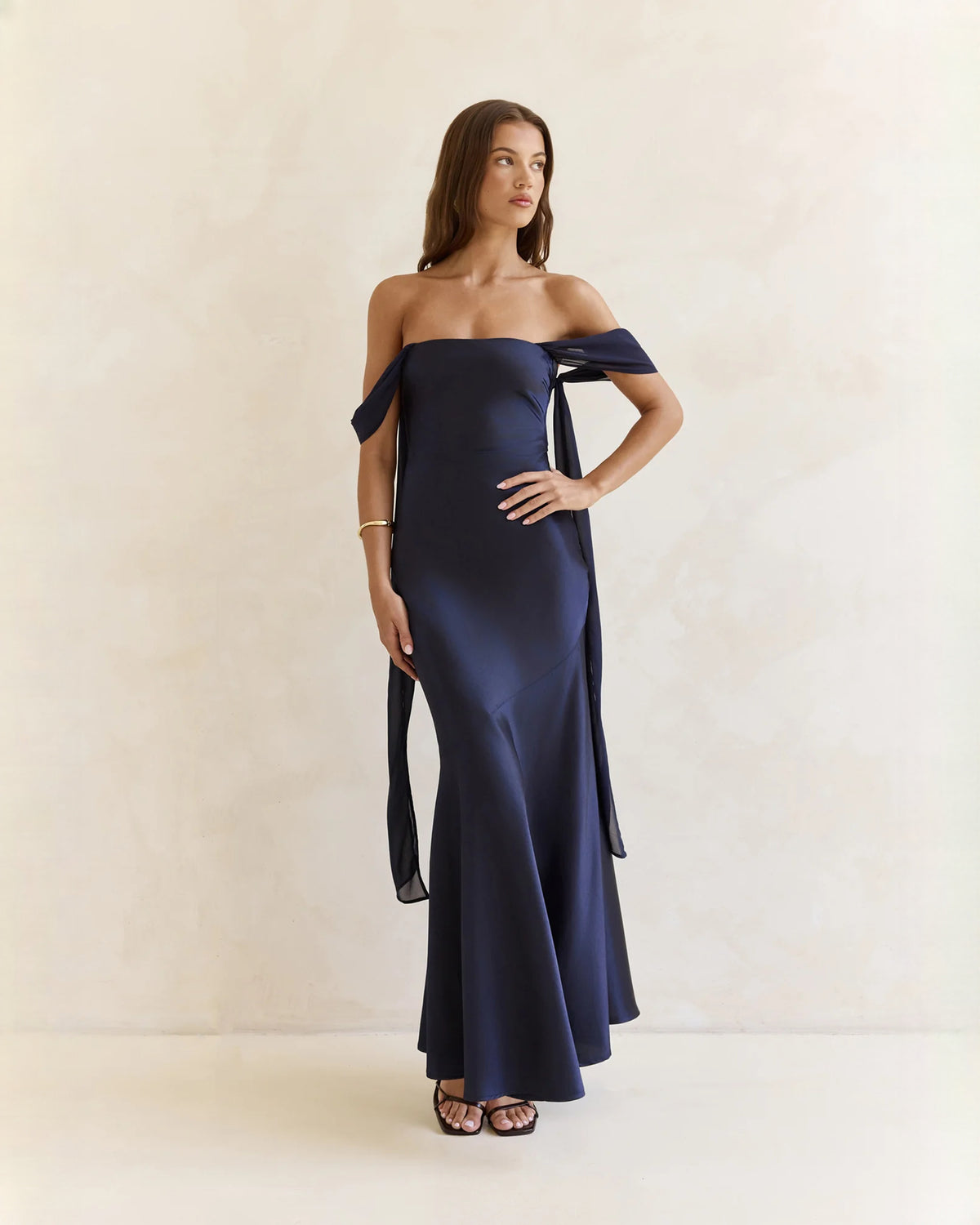 off-shoulder satin a-line maxi bridesmaid dress - image 4