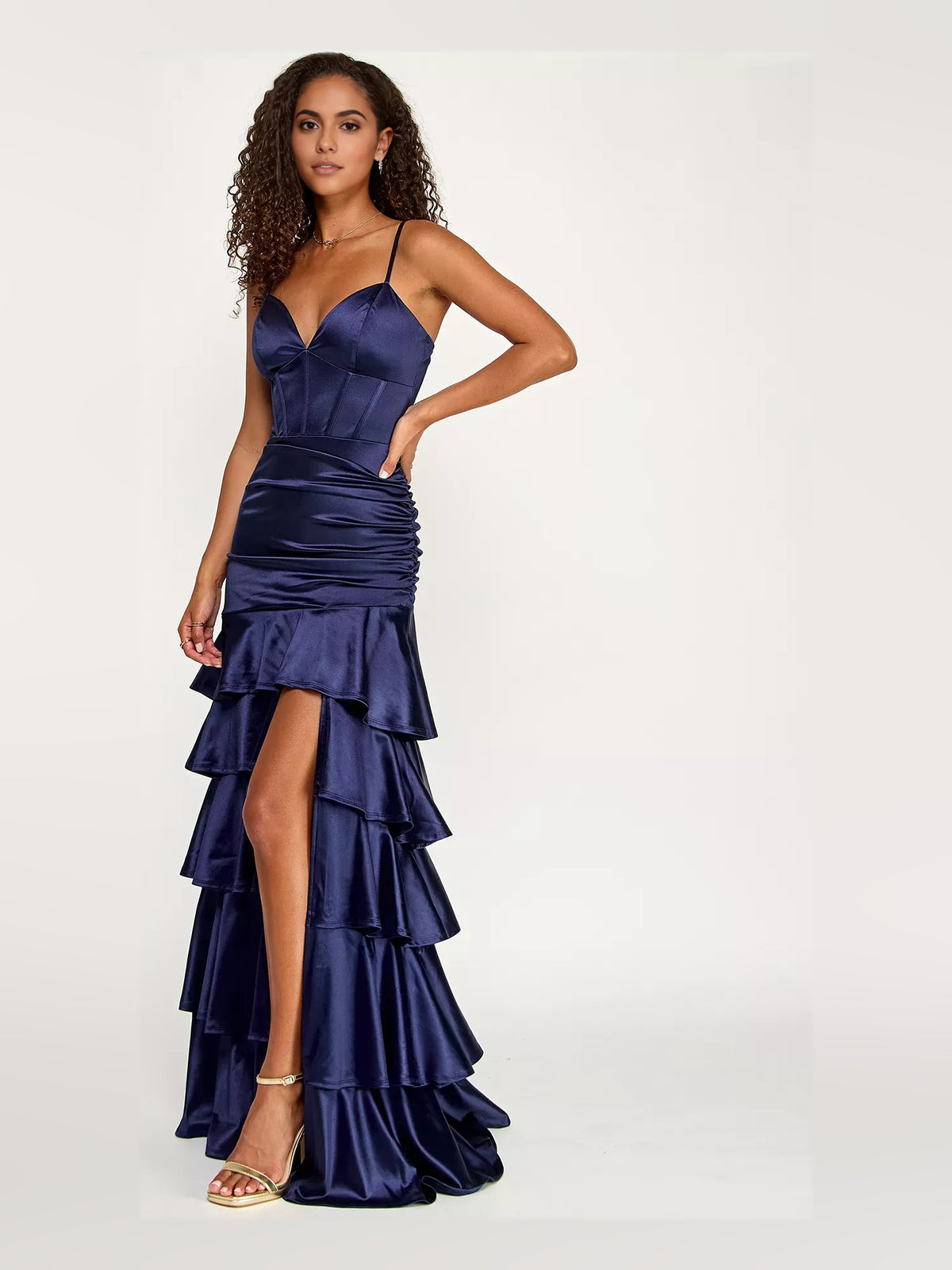 Navy Blue a-line floor-length formal dress with skirt slit, alternate view