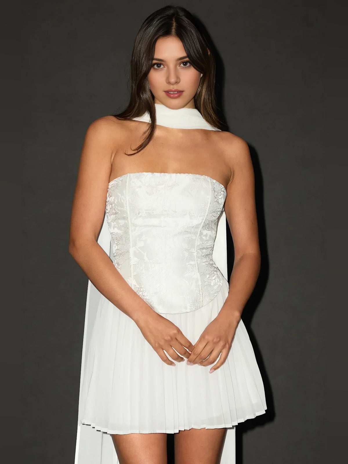 Ivory white mini homecoming dress, alternate view showing the overall dress design