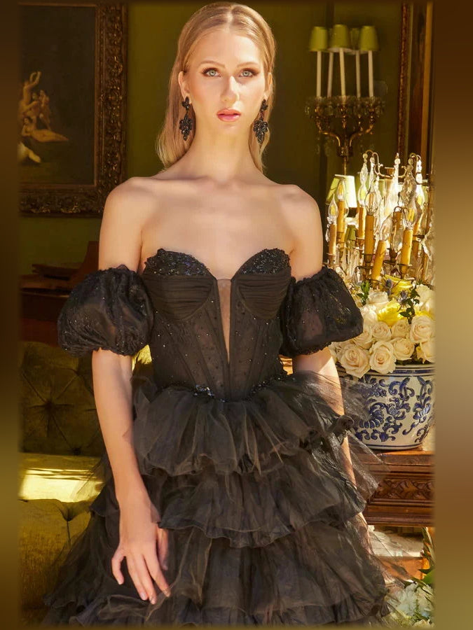 Black floor-length formal dress with corset-style bodice, alternate view