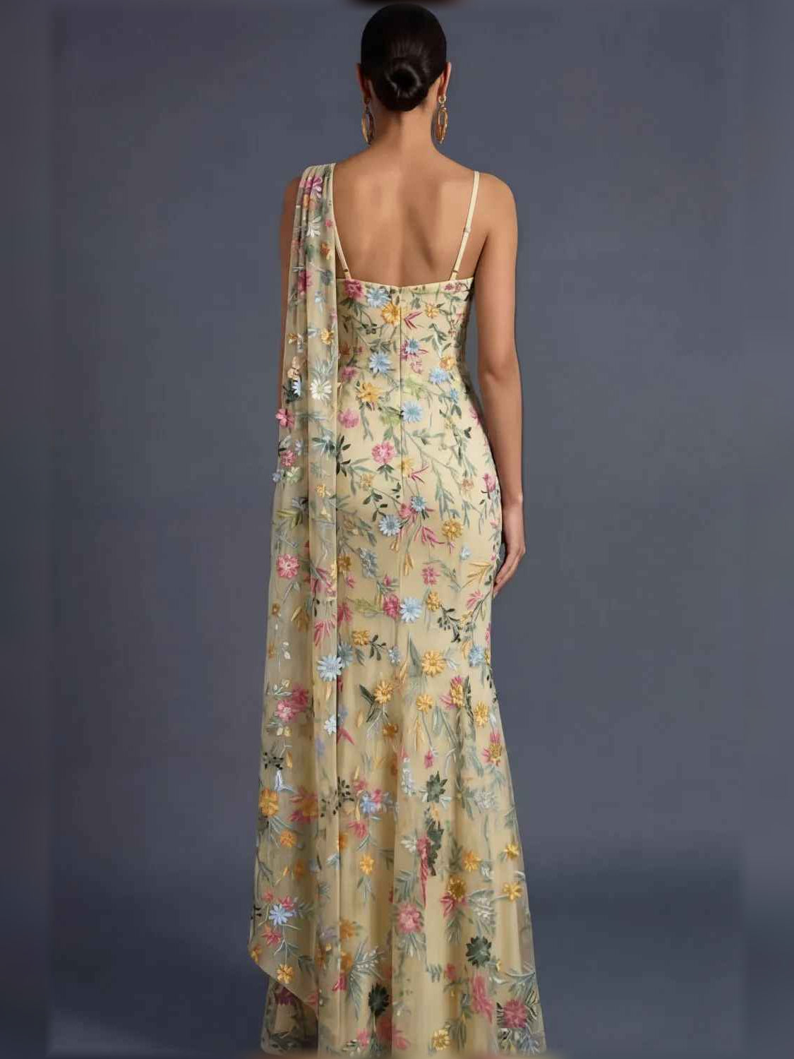 Mauve mermaid floor-length formal dress with floral print, alternate view