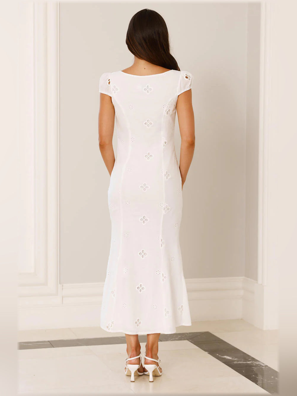White midi formal dress, alternate view showing the waist
