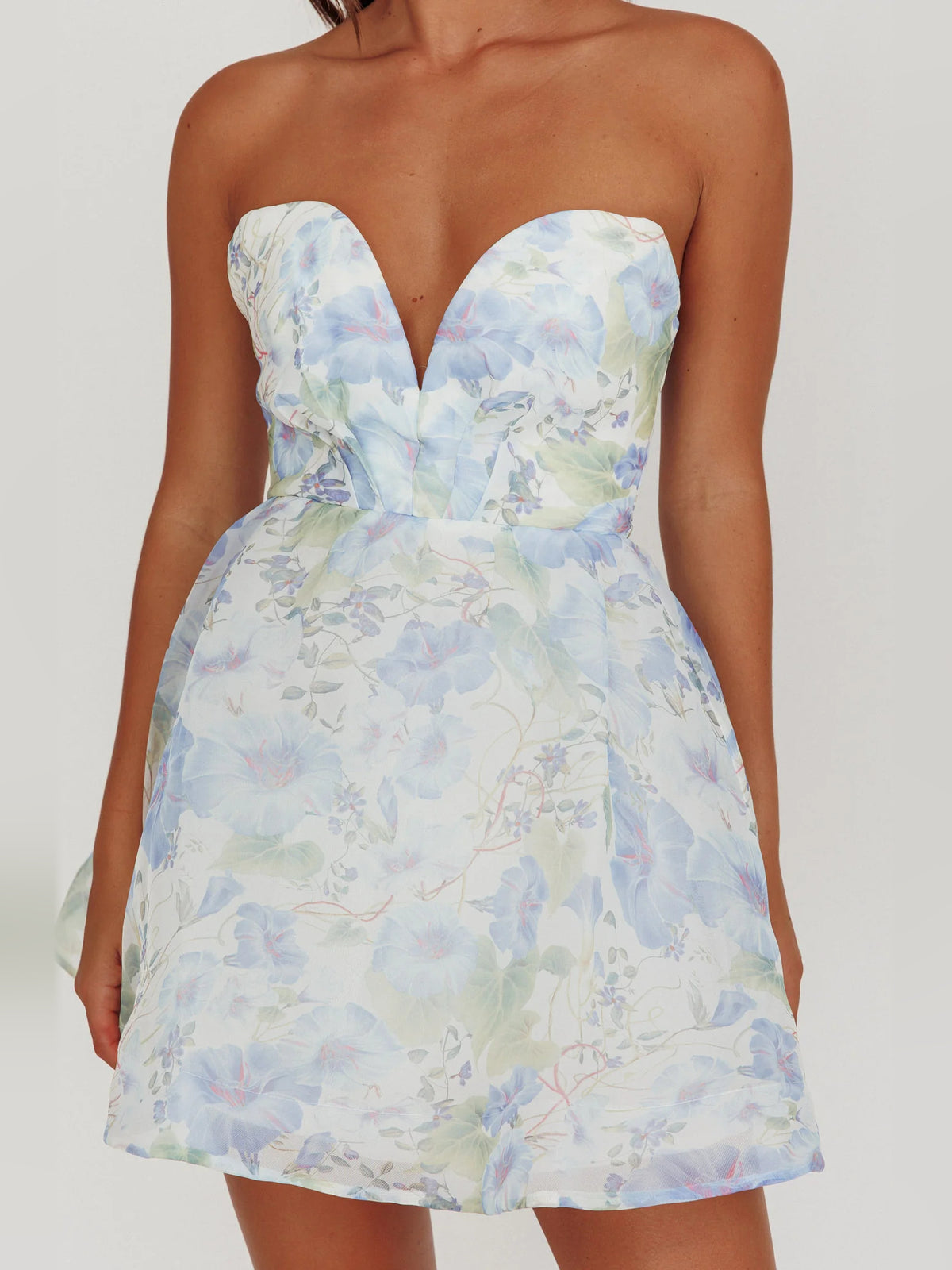 Blue mini homecoming dress, alternate view showing the overall dress design