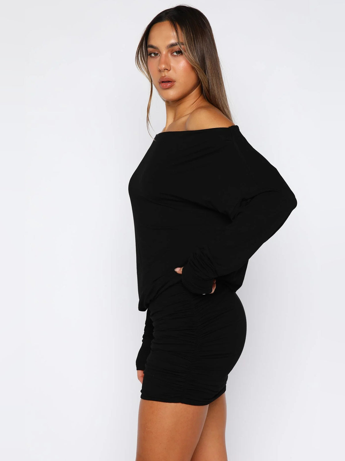 Black mini homecoming dress, alternate view showing the overall dress design