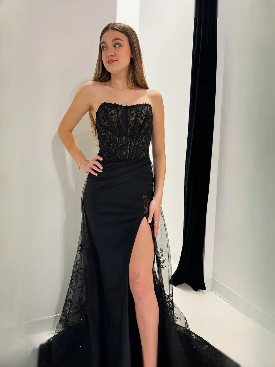 Black maxi prom dress, alternate view showing the overall dress design
