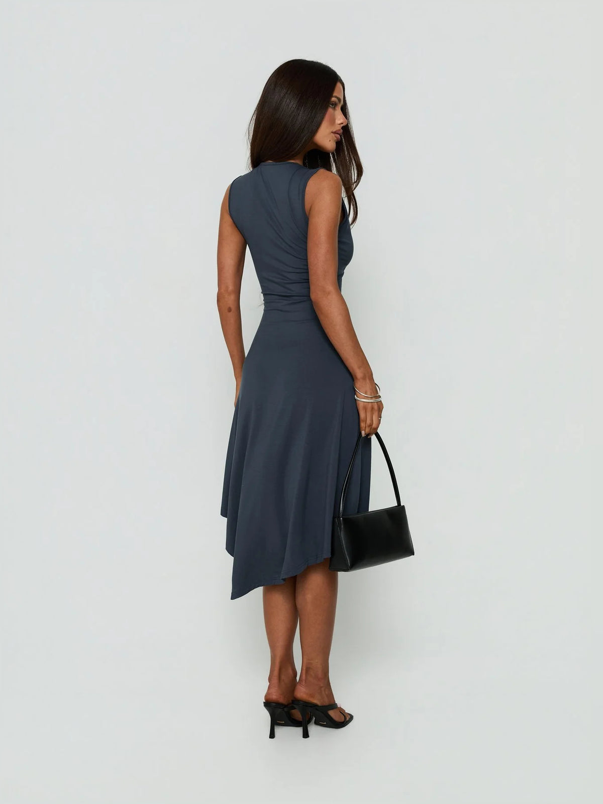 Black midi formal dress with V-neckline, alternate view showing the waist