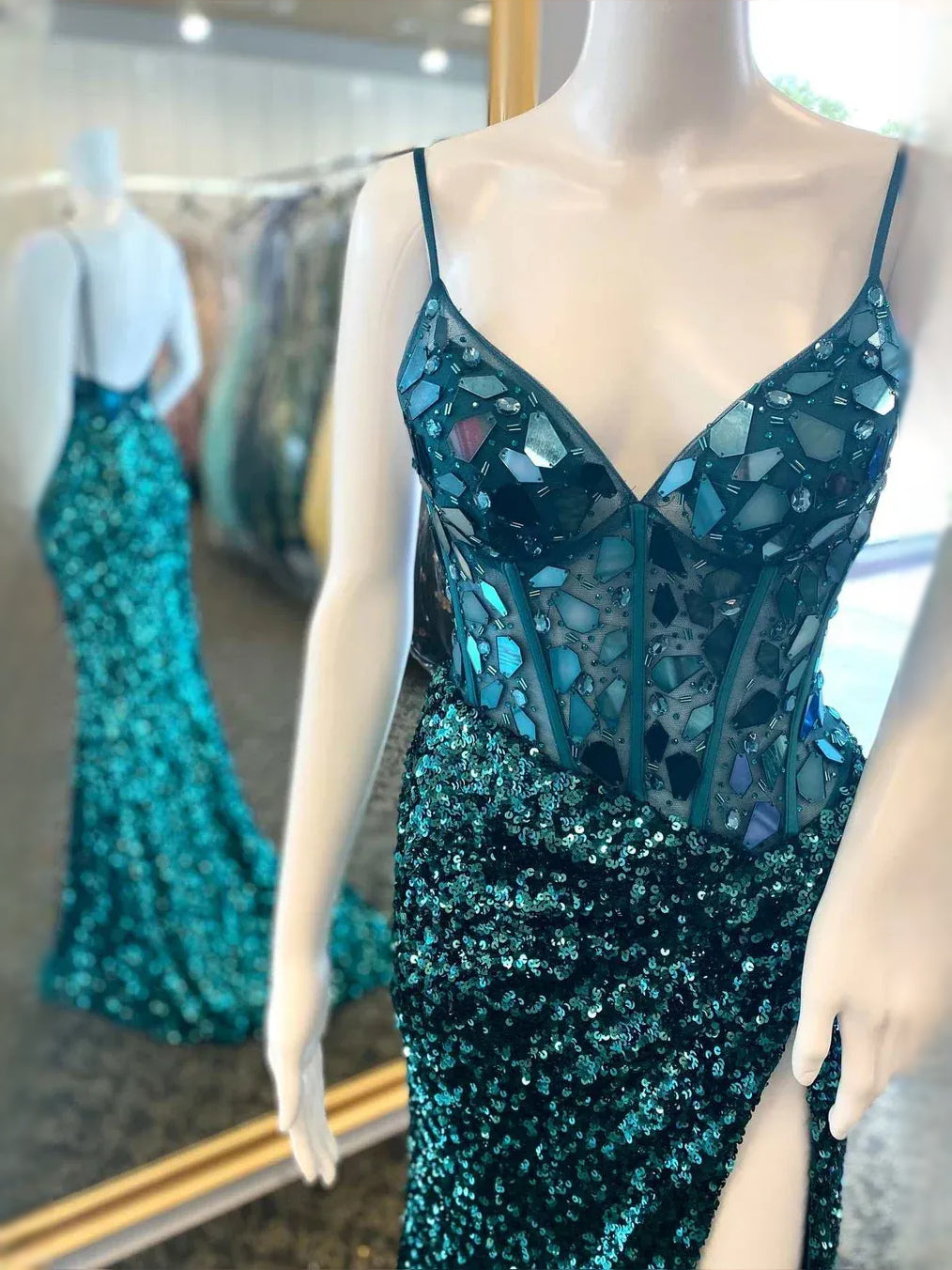 Emerald Green maxi prom dress, alternate view showing the overall dress design