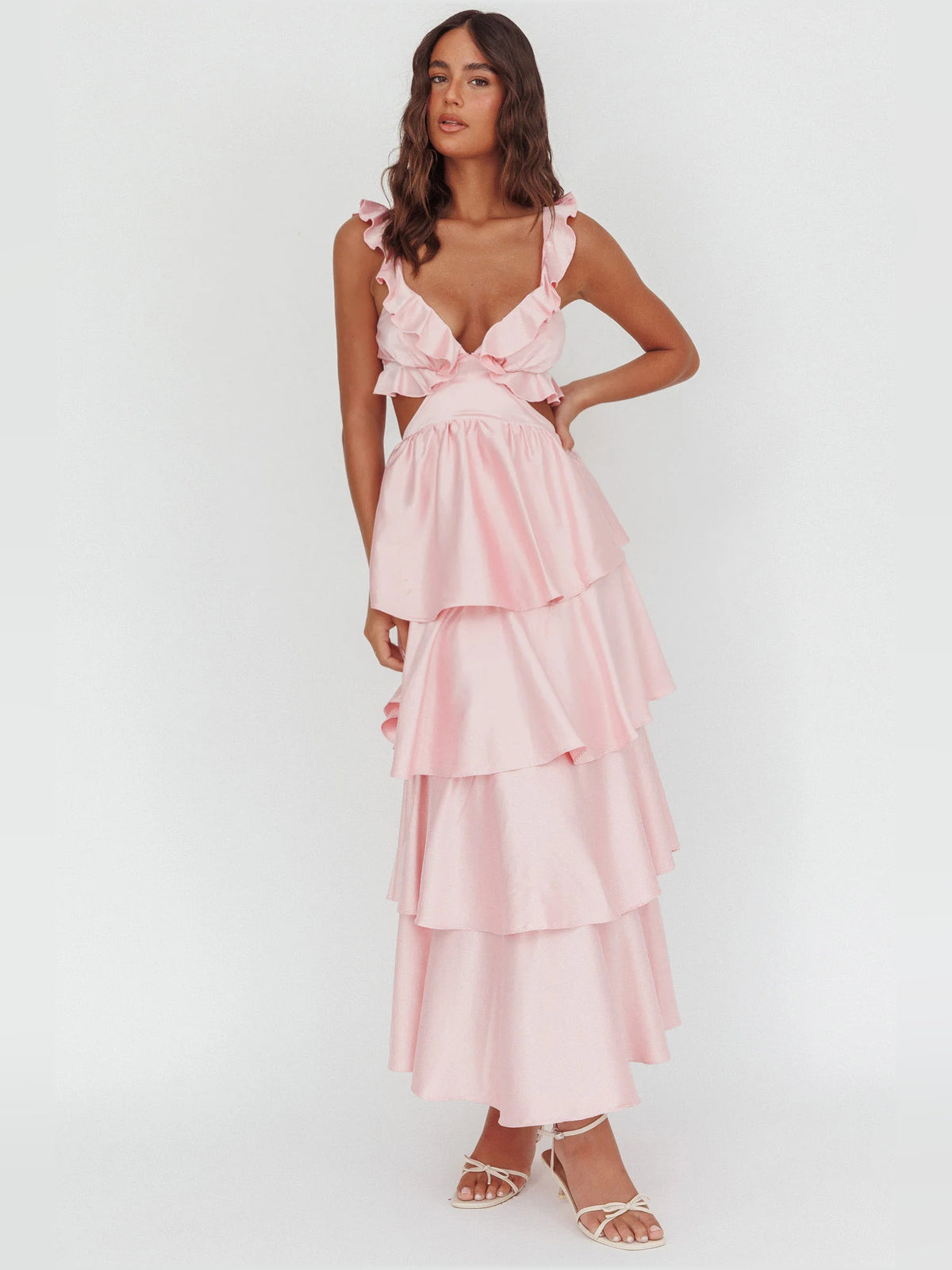 Blush a-line maxi formal dress with tiered skirt, alternate view