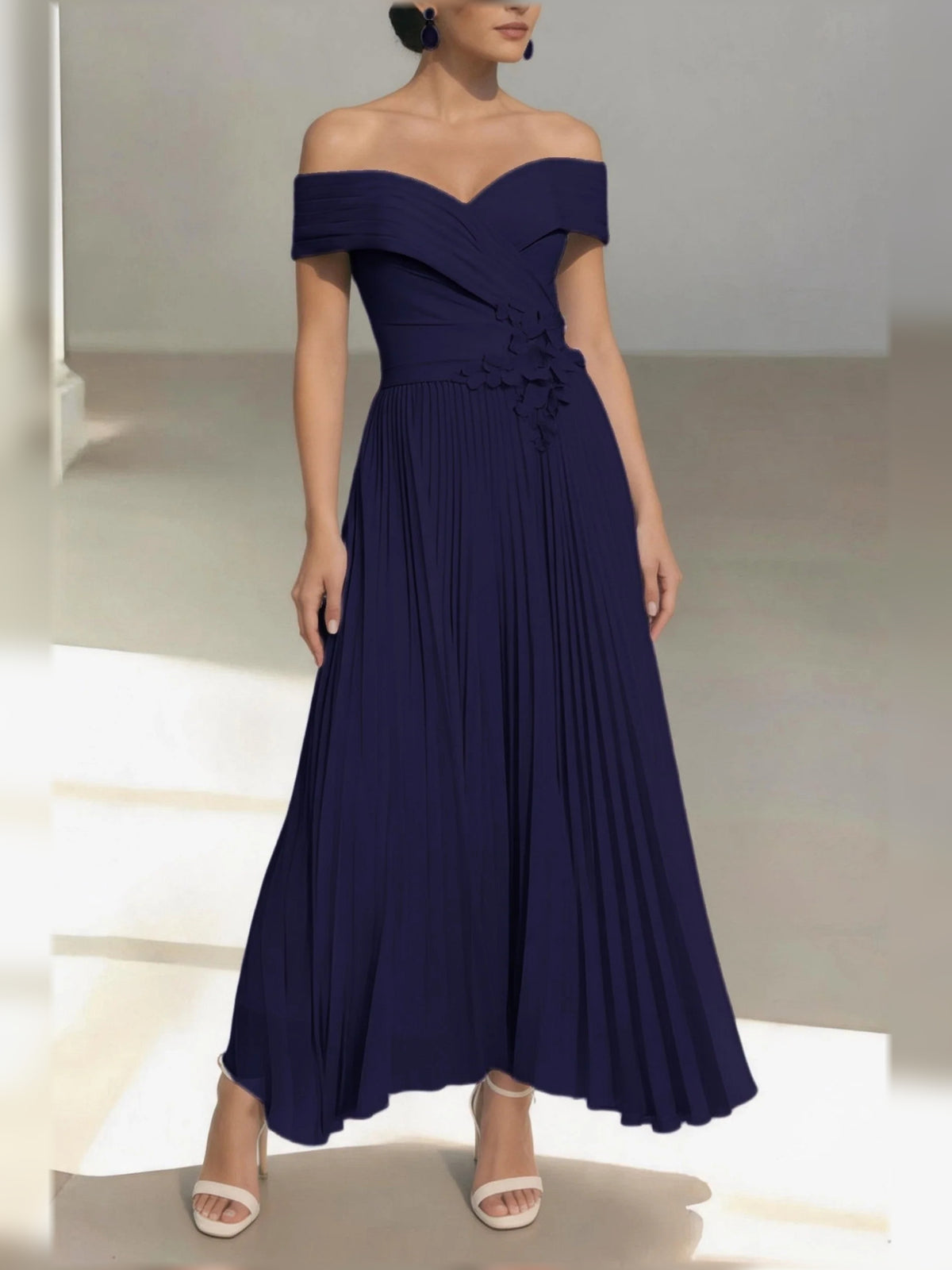 Dark Navy midi mother of the bride dress, alternate view showing the overall dress design