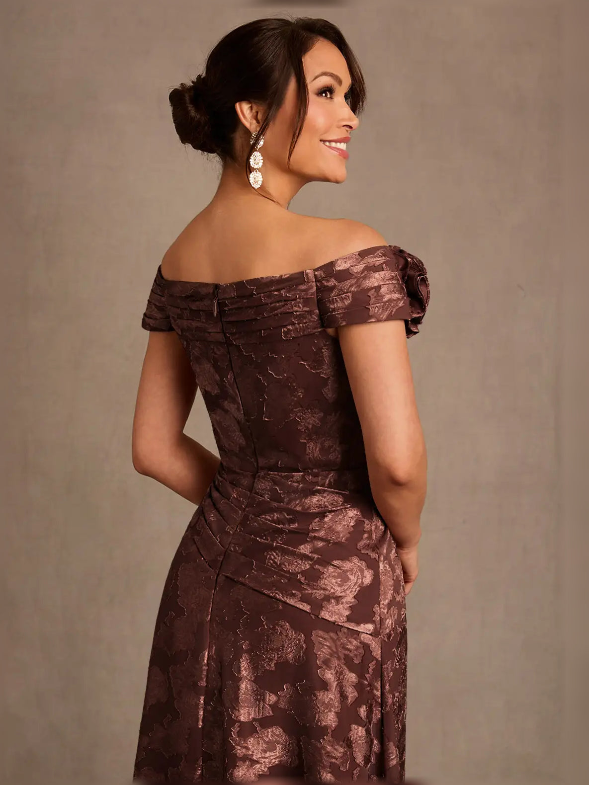 Espresso maxi mother of the bride dress, alternate view showing the overall dress design