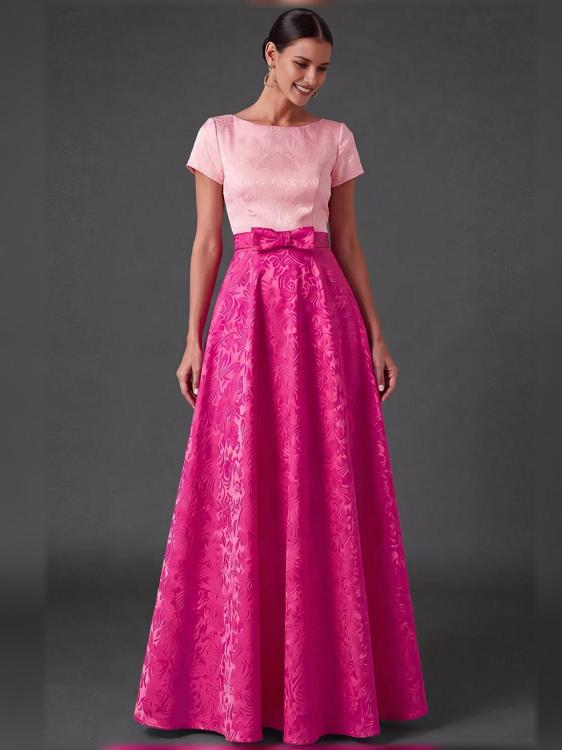 Fuchsia short mother of the bride dress, alternate view showing the overall dress design