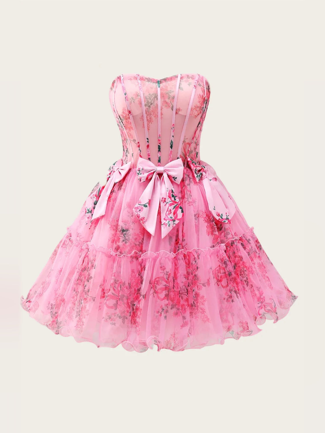 Floral mini homecoming dress, alternate view showing the overall dress design
