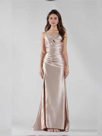 Taupe mermaid floor-length formal dress with skirt slit, alternate view