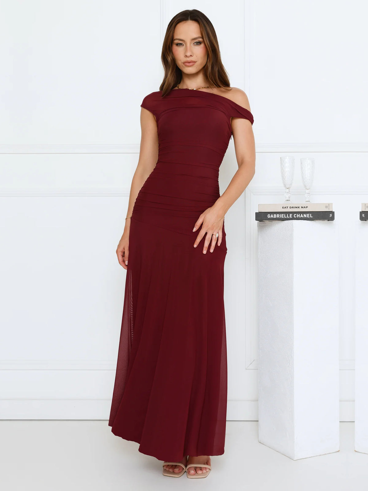 Wine sheath maxi formal dress with off-the-shoulder neckline, alternate view showing the waist