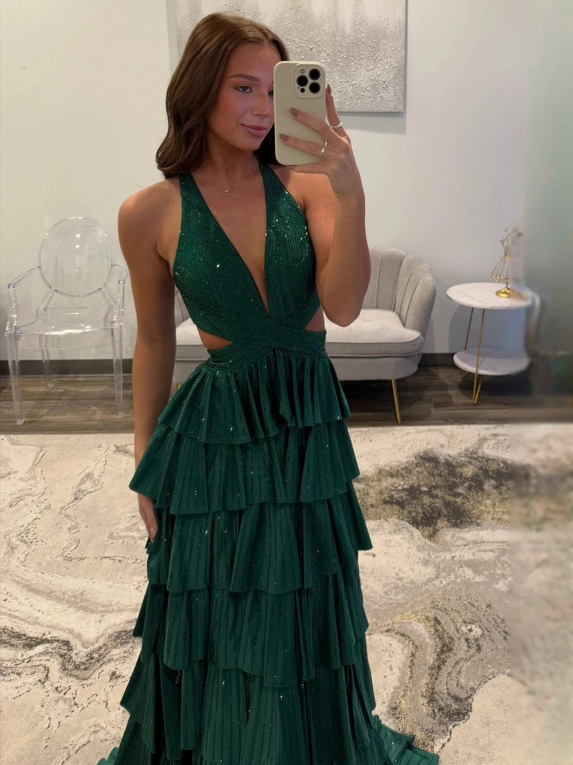 Silver floor-length prom dress, alternate view showing the overall dress design