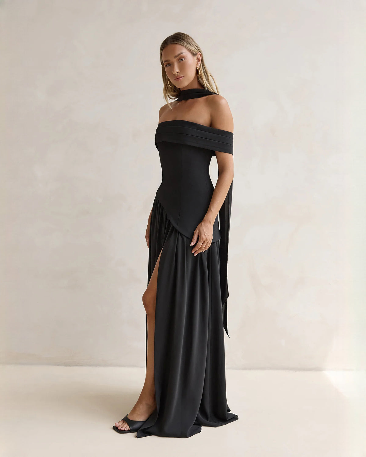 off-shoulder satin a-line maxi bridesmaid dress - image 4