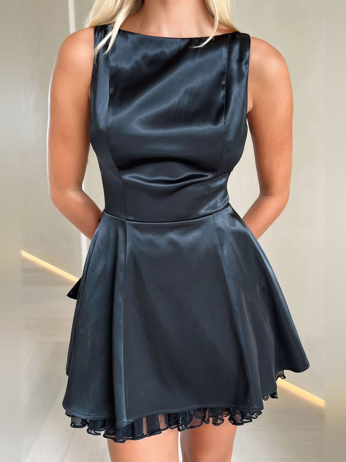 Ivory white mini homecoming dress, alternate view showing the overall dress design