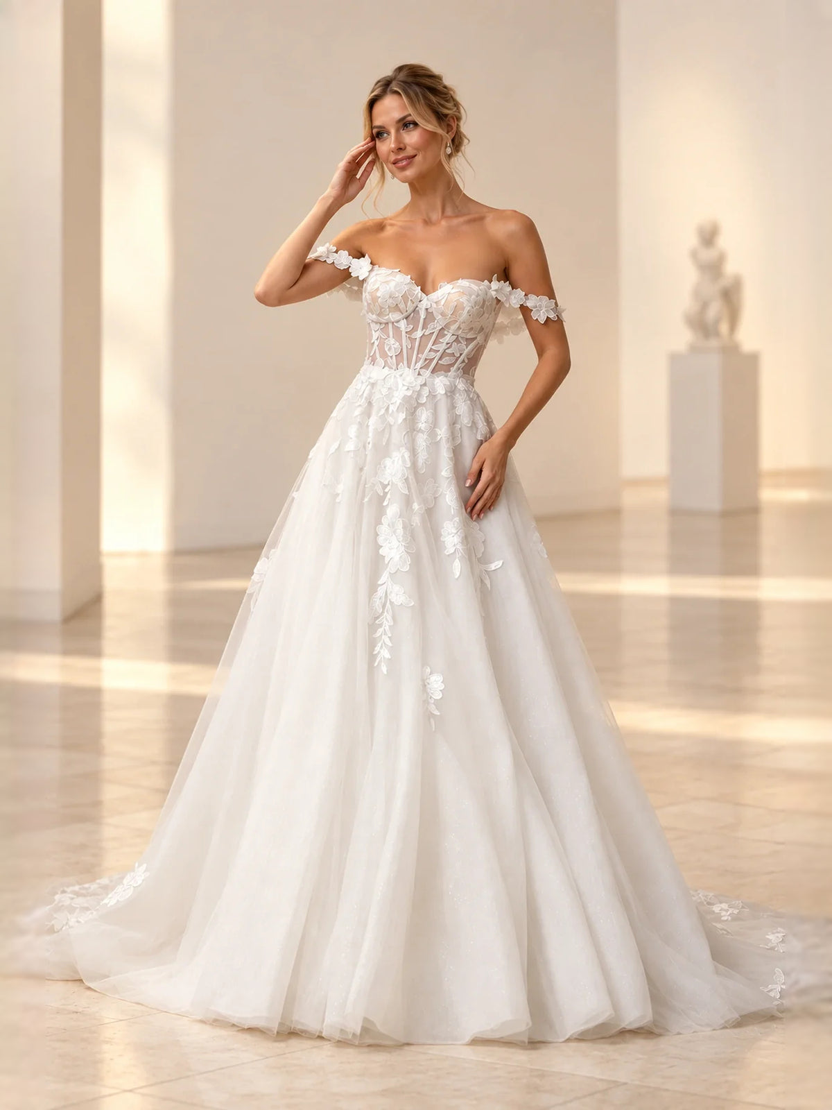 Ivory floor-length wedding dress, alternate view showing the overall dress design