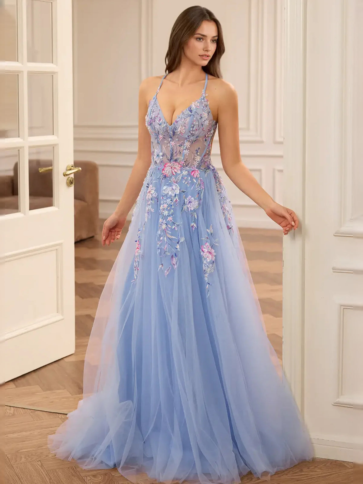 Blue floor-length prom dress, alternate view showing the overall dress design