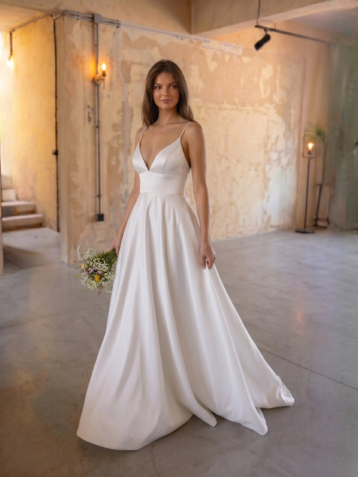 Ivory floor-length wedding dress, alternate view showing the overall dress design