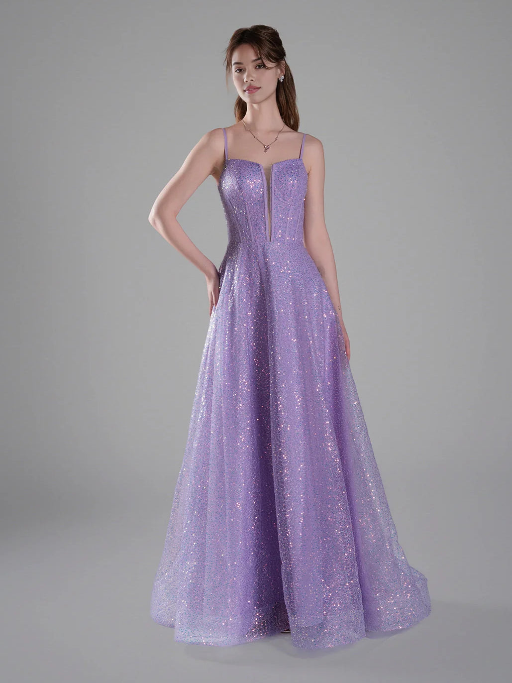 Lilac floor-length prom dress, alternate view showing the overall dress design