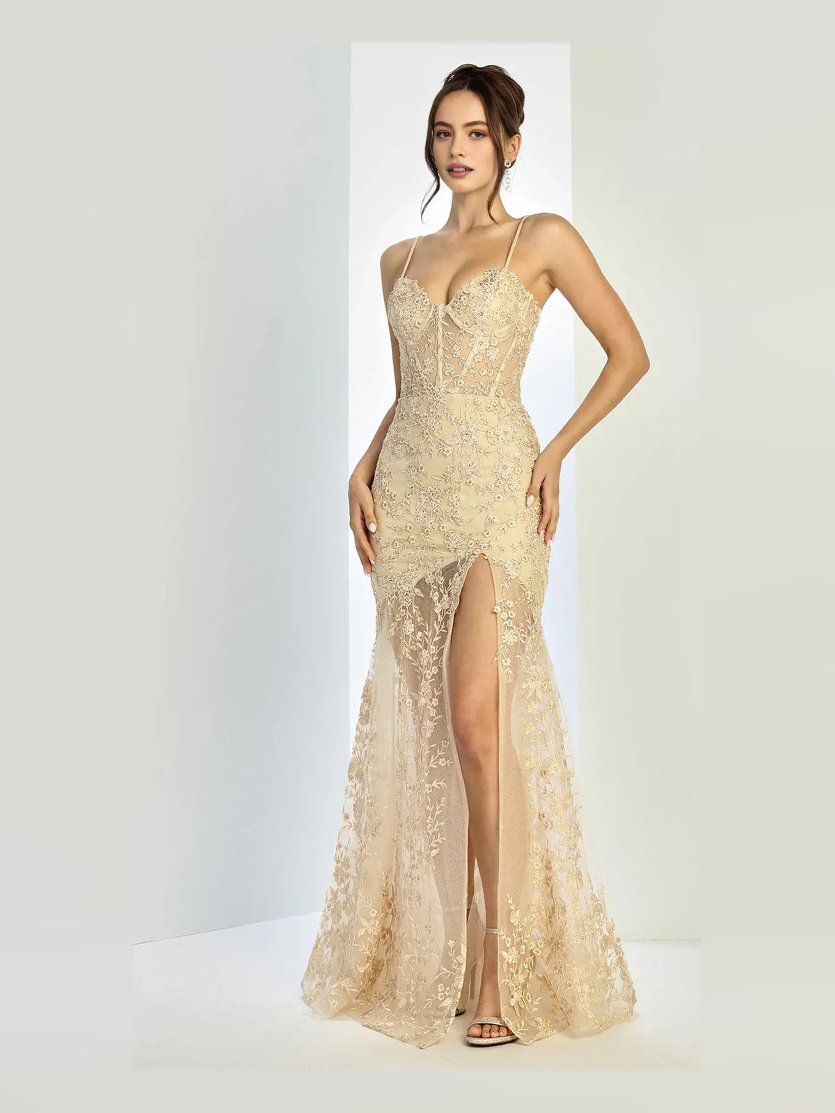 Champagne floor-length prom dress, alternate view showing the overall dress design