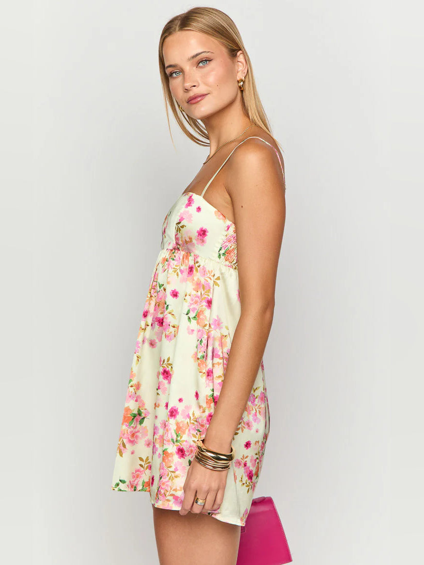 Yellow mini homecoming dress, alternate view showing the overall dress design