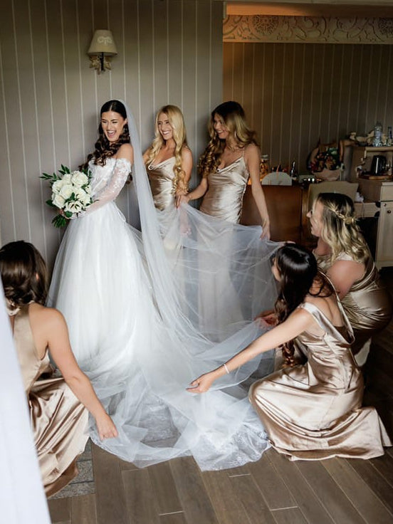 Champagne maxi bridesmaid dress, alternate view showing the overall dress design