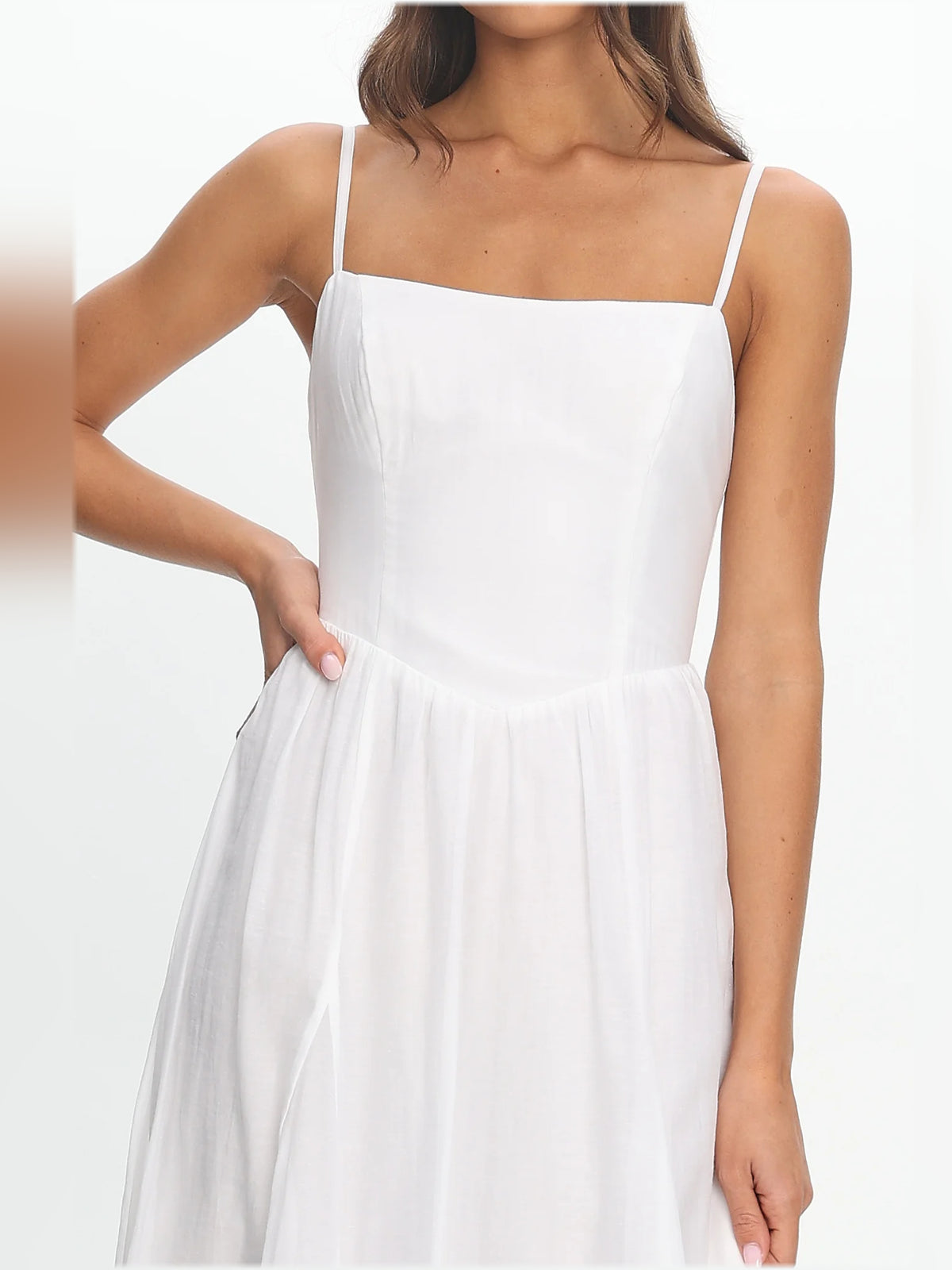 White midi formal dress, alternate view showing the waist