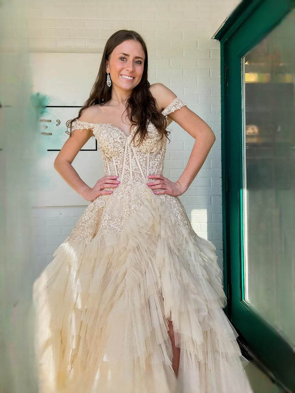 Champagne floor-length prom dress, alternate view showing the overall dress design