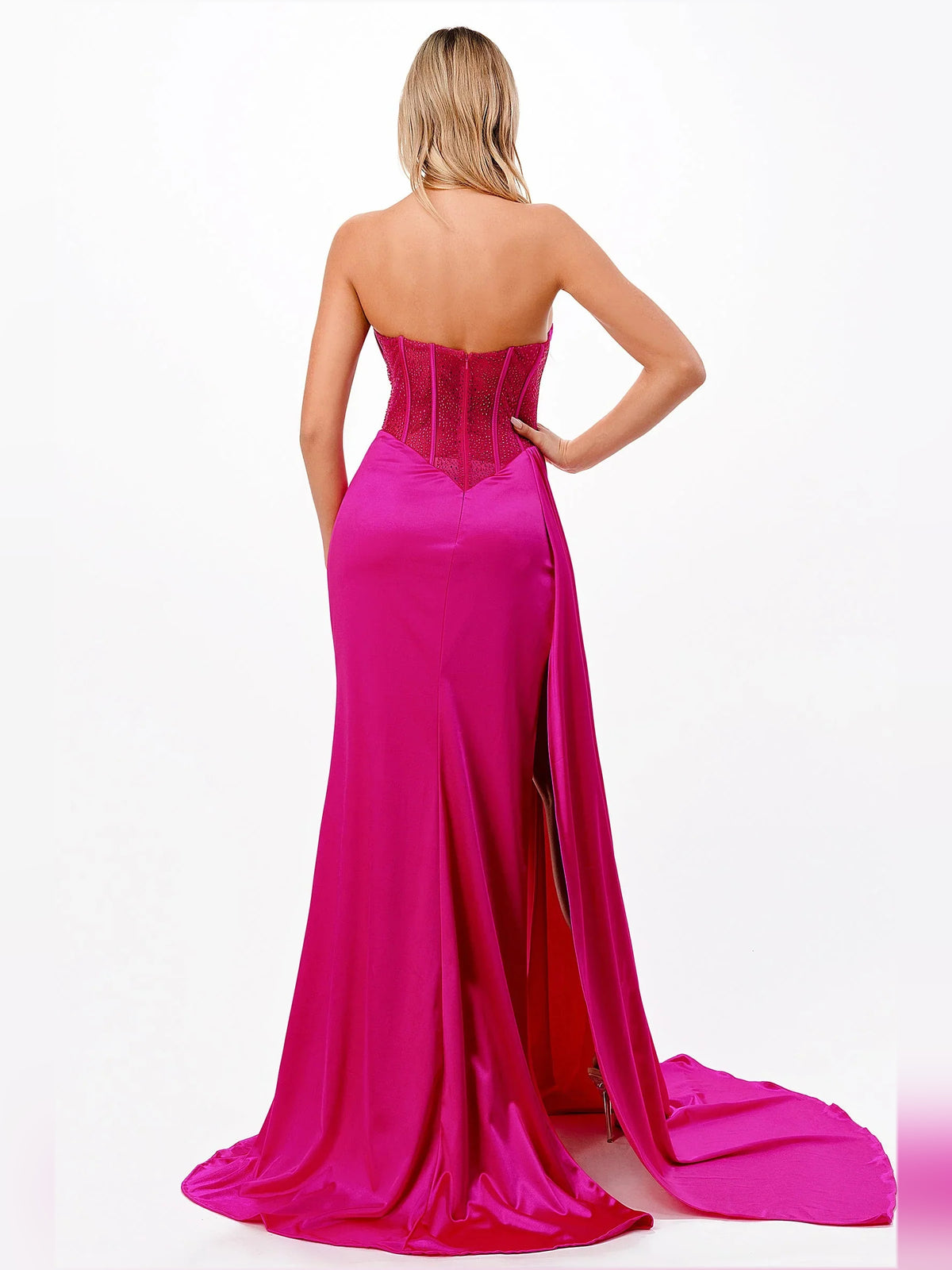 Fuchsia floor-length prom dress, alternate view showing the overall dress design